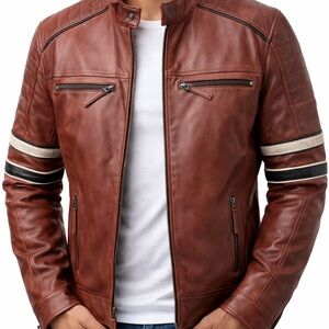 Men's Classic Brown Leather Moto Jacket in Size Medium (OS)
